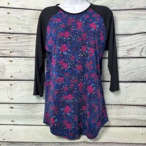 LuLaRoe Womens Medium Randy Top Black Sleeves Blue Pink Floral Raglan Tunic Shir
